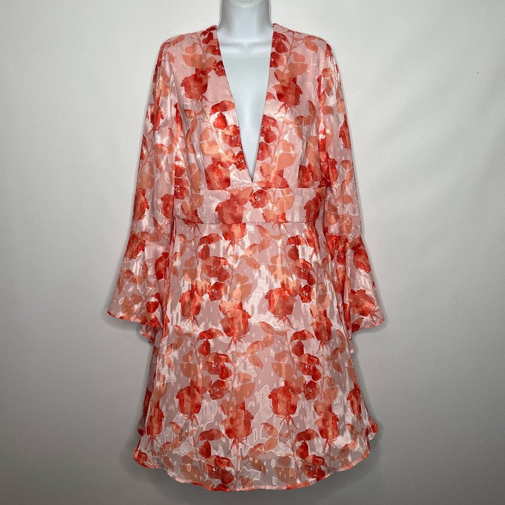 Hutch Anthro Amora Pink Peach Floral Satin Burnout Bell Sleeve Mini Dress
